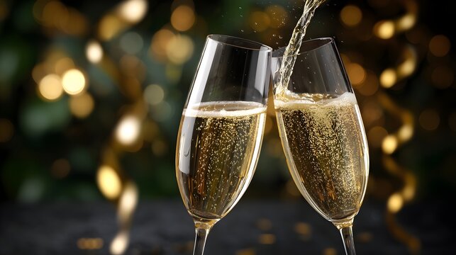 Two champagne glasses clinking together in celebration with sparkling bubbles and festive ambiance