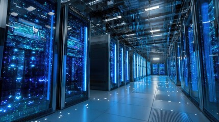 Rows of advanced servers glow with blue lights in a high tech data center corridor creating a futuristic vibe.