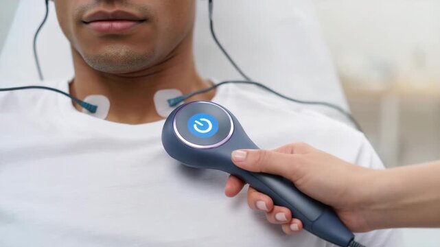 Procedure with vagus nerve stimulation device, innovative medical treatment, therapeutic session using handheld technology, nerve therapy application in modern healthcare setting