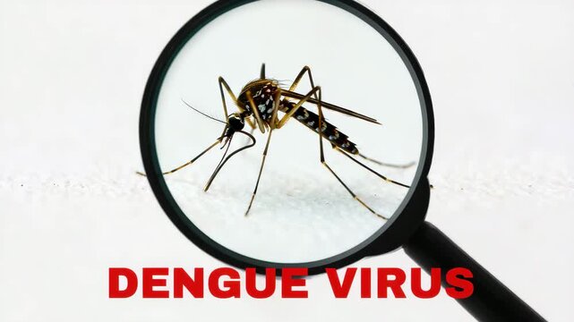 Magnified mosquito close-up with dengue virus text emphasizing mosquito-borne disease, health risk illustration, public health alert, zoomed insect detail, vector control awareness