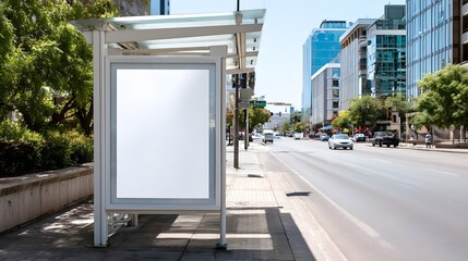 Vertical blank white billboard at bus stop in urban setting with copy space for advertising