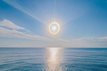 A double sun halo appearing over an endless ocean horizon
