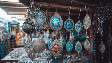 Collection of intricately designed silver pendants on display