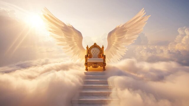Golden throne with angelic wings among fluffy clouds, divine staircase to the heavens illuminated by sunlight, majestic celestial concept, ethereal dreamscape in radiant sky, fantasy realm