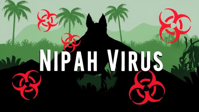 Nipah virus outbreak awareness with bat silhouette and biohazard symbols in jungle environment, public health alert, zoonotic disease transmission, global infectious disease prevention