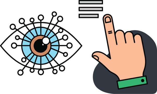 Digital Eye Interaction: Hand Tapping Menu on Modern Tech Interface, Visual Data Processing, Eye Tracking Technology in Innovation, Creative Future, UI Design for UX Presentation, Virtual Reality, Art