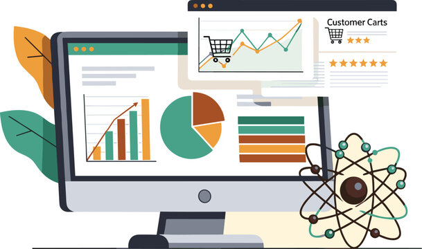 E-Commerce Data Analytics Display: Monitoring Customer Carts and Sales Growth on a Desktop Computer with Online Shopping Charts, Diagrams for Business Strategy, Modern Technology Presentation, and Fin