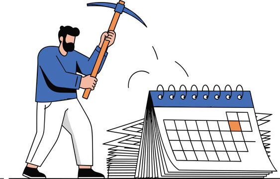 Determined Businessman with Pickaxe Attacking Overdue Calendar for Deadline Extension, Emphasizing Urgency in Project Management and Time Constraints in Business Strategy, Flat Vector Style for Presen