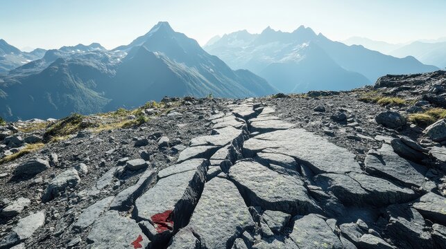 Jagged trail splitting rocky terrain with mountains in the distance