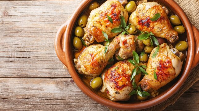 Moroccan Chicken Tagine with Olives Served in a Clay Pot