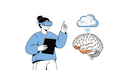 Woman Exploring Virtual Reality with Cloud-Connected Brain Interface in Modern Technology Setting, Visualizing Data and Enhancing Cognitive Abilities for Neuroscience Research and Innovative Healthcar