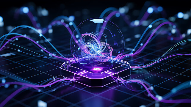 Futuristic neon ai interface glowing with purple light and digital connections