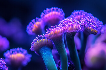 A coral colony polyps opening like tiny flowers as night falls