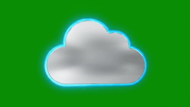 Reflective Cloud Symbol with Glowing Blue Outline on Green Background, Showcasing Digital Storage and Innovative Technology Design in Modern Cloud Computing