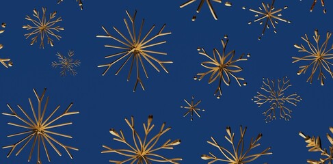 Abstract background of golden snowflakes on a vivid blue backdrop. Perfect for Christmas, winter holiday designs and festive celebrations, invok