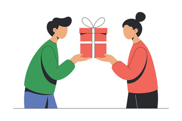 Illustration of two people exchanging a red gift box with white ribbon
