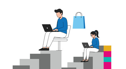 Diverse Professionals Collaborating Online with Laptops from Elevated Platforms for E-Commerce Business Growth and Digital Marketing, Modern Tech Lifestyle Illustration for Presentations and Advertisi