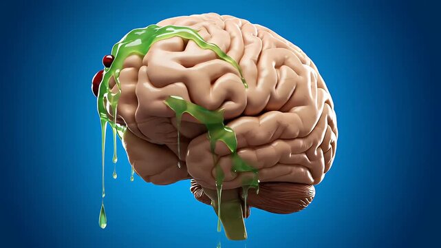 Gross Human Brain Covered In Dripping Green Slime And Red Eyes Against A Blue Background