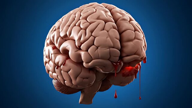 Medical Animation of Human Brain Hemorrhage with Glowing Red Lesion and Blood Droplets on Dark Blue Background Scientific Medical Concept