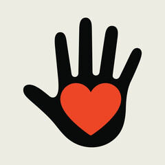 Obraz premium Black open hand silhouette with red heart shape in palm against light beige background vector