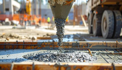 Ultra-Realistic Close-Up of Wet Cement Pouring from Mixer Truck Chute into Steel-Reinforced Foundation Frame; Detailed Concrete Texture under Natural Daylight at Construction Site