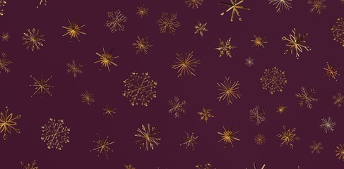 Abstract gold snowflakes on dark burgundy background. Elegant winter holiday background, perfect for Christmas cards, gift wrapping, and seasona