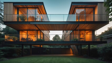 Fototapeta premium Modern Elevated House with Wood Facade and Glass Balconies, Contemporary Architecture