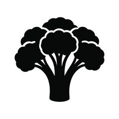 Black silhouette of a broccoli head with a thick stem and florets on a white background vegetable.