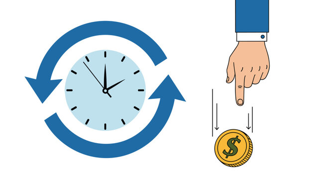 Time is Money Concept: Clock with Arrows Represents Investment and Productivity, Hand Pointing to Coin for Financial Return. Business Strategy and Growth, Efficiency and Returns, Management Graphic fo