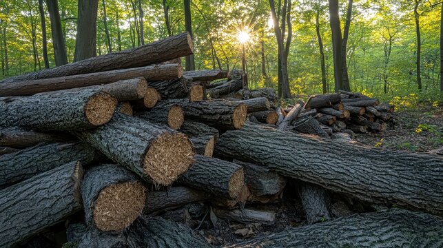 Pile of rough cut logs in the forest with sunlight