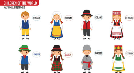 Children in traditional national costumes, cartoon character set, cultural attire illustration, global diversity concept, educational vector graphic, international heritage clothing