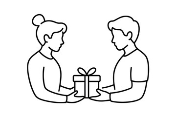 Line drawing of person giving a gift to another person in black and white