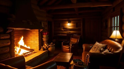 rustic wooden cabin interior with glowing lamp warm fire cozy armchair and vintage decor creating a nostalgic peaceful retreat in the wilderness