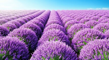 Obraz premium Rows of blooming purple lavender flowers under a clear blue sky