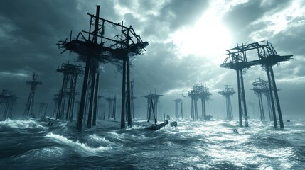 Submerged coastal structures battered by a fierce ocean storm