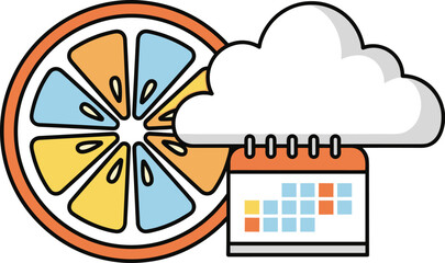 Fresh Agenda Illustration: Bright Orange Slice Beside a Cloud-Topped Calendar for Scheduling and Planning in Cloud Computing Environment, Ideal for Business, Modern Marketing, Presentation Design, Foo