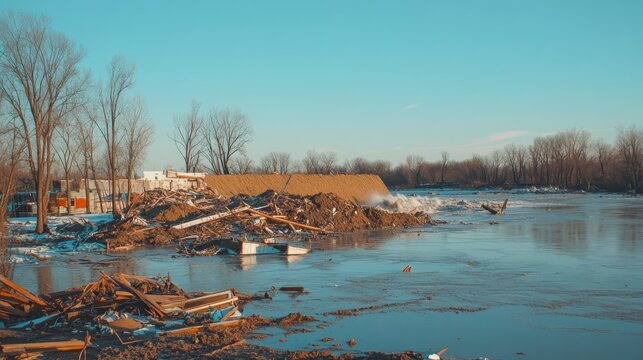 Ruptured earthen dam releasing a torrent of water outdoors