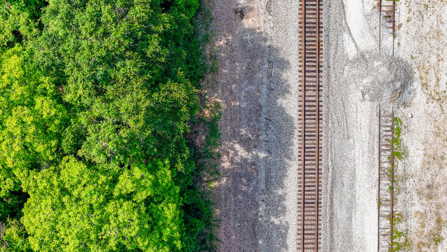 Aerial top down rural Deep South Carriere Pearl River County railway train tracks Mississippi MS