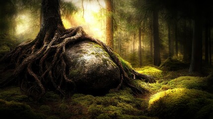 Tree roots embracing a large stone in a vibrant forest
