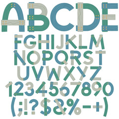 Font, alphabet, letters, numbers and signs from wooden boards in sea colors. Isolated vector objects on white background.