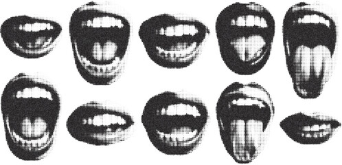 Lips and Mouth Scream Halftone Vector – Perfect for Grunge Punk Collages, Y2K Posters, Music Banners, Vintage Art, Retro Illustrations, and Brutalist Design Projects