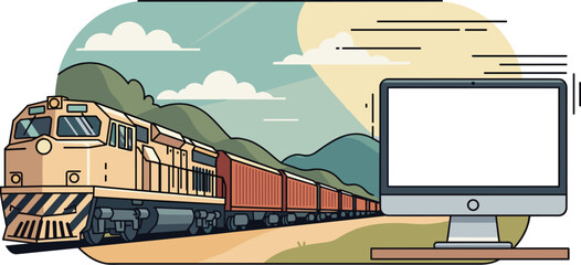 Modern Logistics Computer Setup Displaying Train Transportation and Freight Delivery, Illustrating Cargo Shipping Solutions for Global Supply Chain Management in a Business Presentation, Website Mocku
