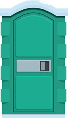Green portable toilet covered by the snow, ready for winter season