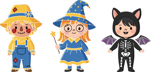 Cute Kids in Halloween Costumes. Adorable Scarecrow, Little Witch with Wand, and Happy Bat Skeleton Boy Ready for Trick-or-Treat