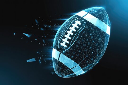 Futuristic digital american football concept with glowing neon lines and particles