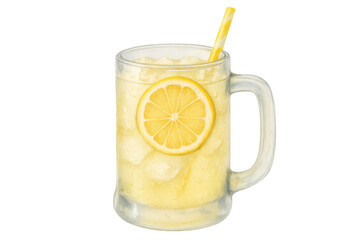 Refreshing lemonade with ice and a lemon slice in a glass mug, vibrant watercolor artwork on transparent background