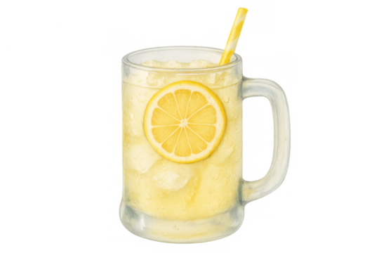 Refreshing lemonade with ice and a lemon slice in a glass mug, vibrant watercolor artwork on transparent background