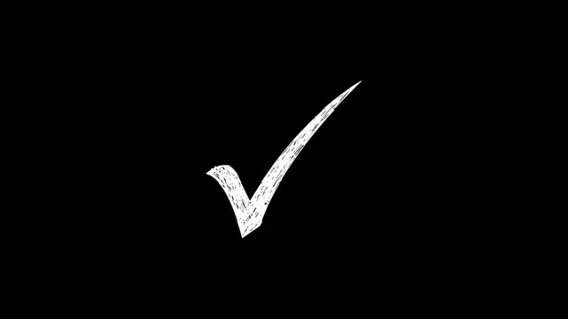 Hand-drawn check mark stop motion animation on a black background, Green check mark on a transparent background.