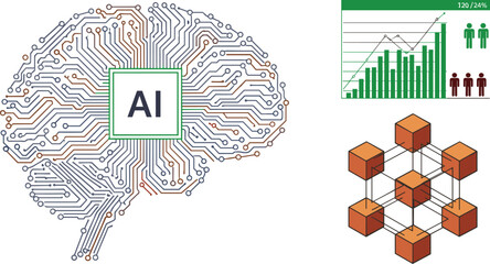 Artificial Intelligence Brain Data Analysis Driving Business Growth with Modern Technology and Connectivity, Represented Through a Cybernetic Brain and Data Visualization, Showing Innovation in Scienc