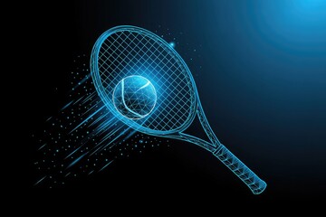Futuristic neon tennis racket and ball swirling with digital energy and light effects